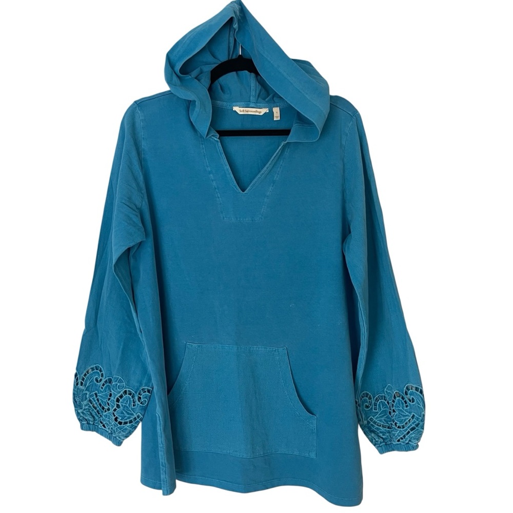 Soft Surroundings Teal Hooded Long Sleeve Pullover with Lace Cuffs